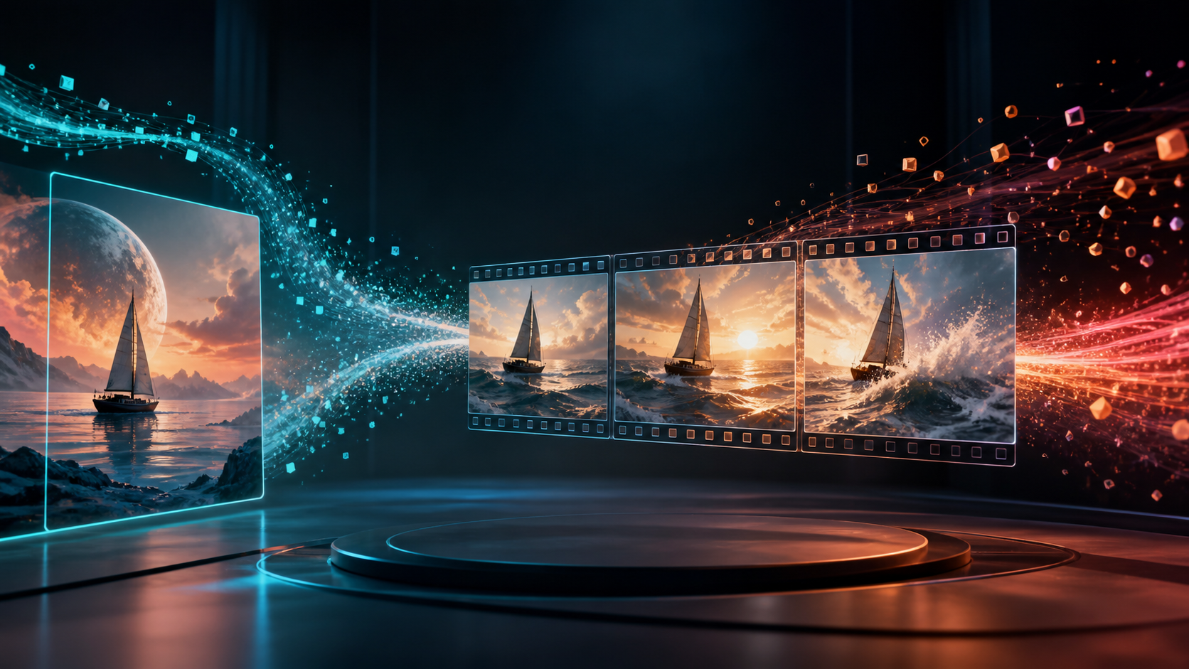 A still image and abstract prompt particles becoming a cinematic sequence