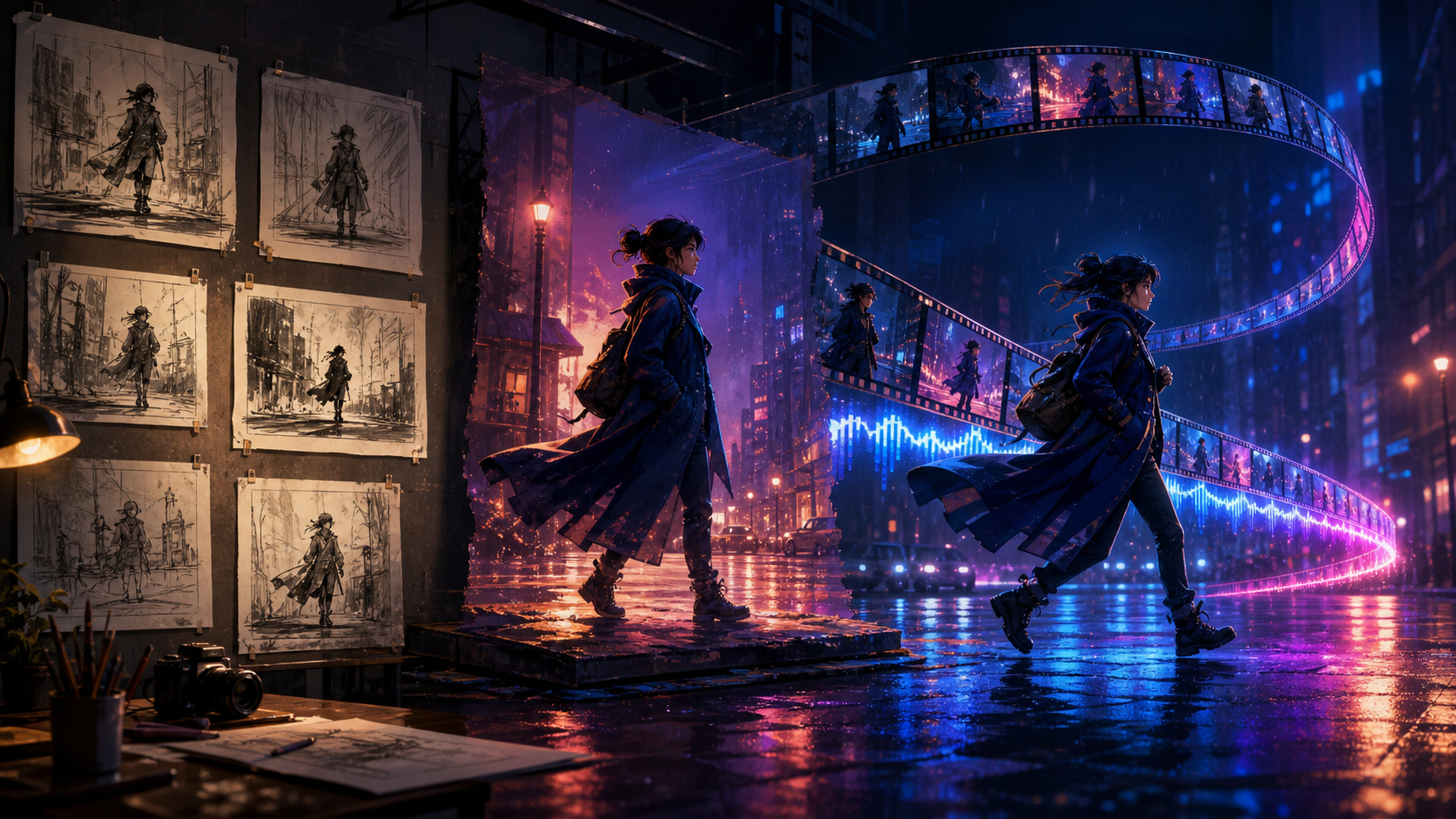 A rain-soaked character progressing from thumbnail sketches through a polished keyframe into a moving cinematic sequence