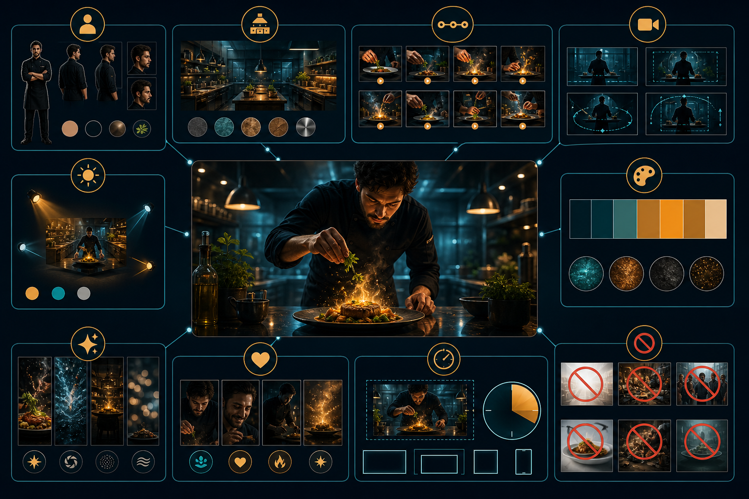 A modular prompt anatomy surrounds one central cinematic cooking shot