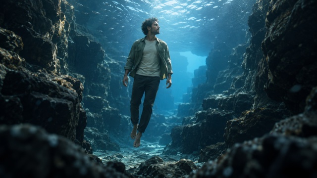 Mann in graugrüner Jacke und langer Hose, der zwischen Unterwasser-Felswänden schwebt; von oben fällt Licht ein, in der Ferne schwimmen kleine Fische.
