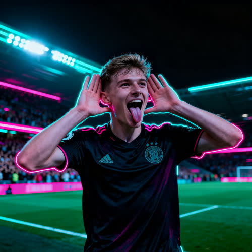 Person im dunklen Fußballtrikot mit Händen hinter den Ohren im Stadion bei farbigem Kantenlicht