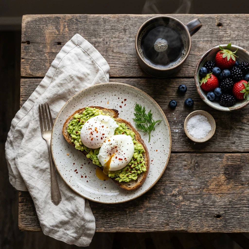 Avocado toast with poached eggs, berries, and coffee arranged on a rustic wooden table.